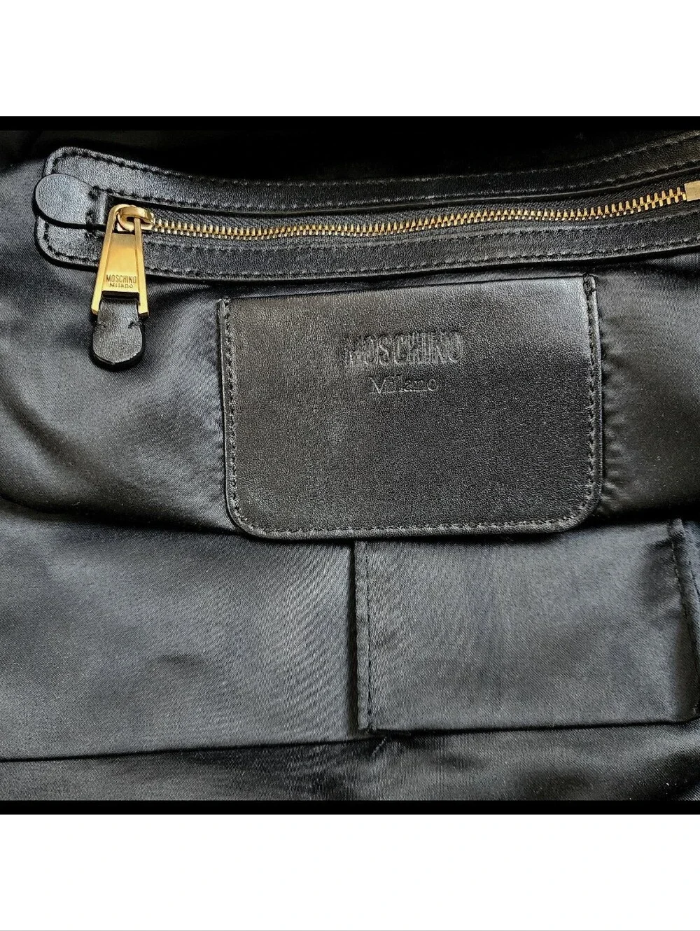 MOSCHINO Quilted Stitch Logo Backpack Gold Studded Hardware Key Ring Nylon Black